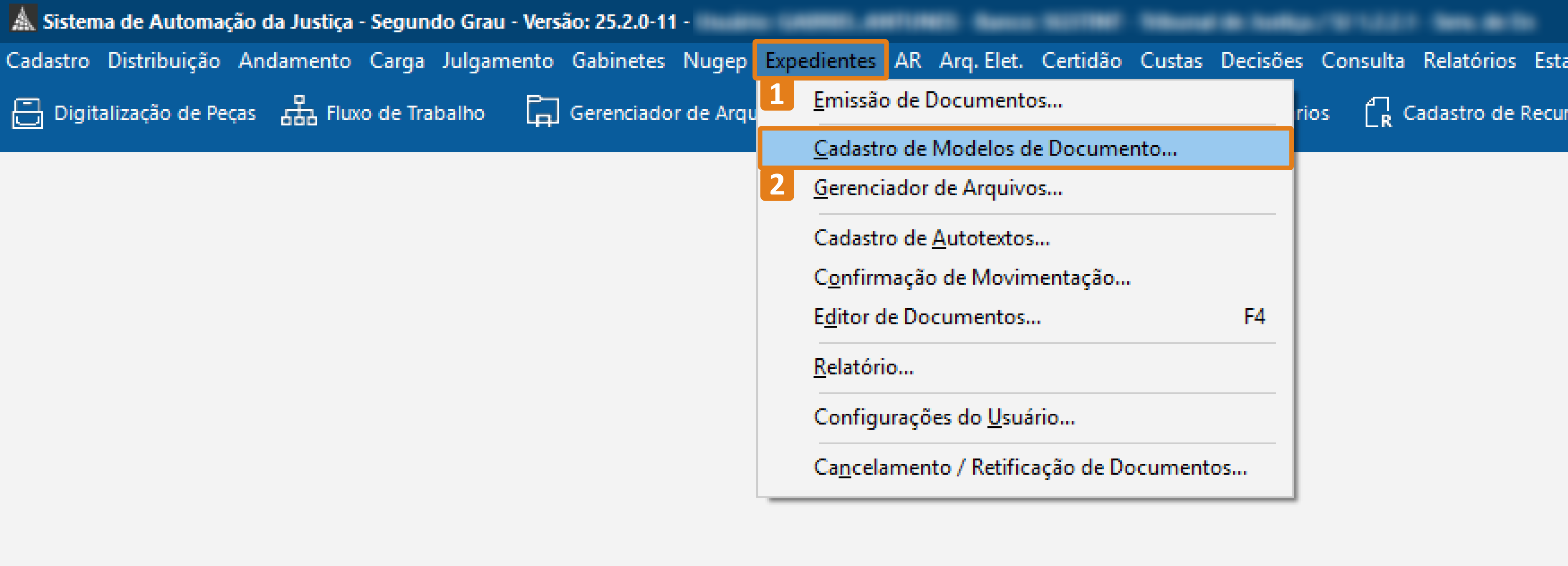 No sistema SAJ – Segundo Grau, o menu “Expedientes” está aberto. Um item aparece destacado em laranja: “Cadastro de Modelos de Documento…”.