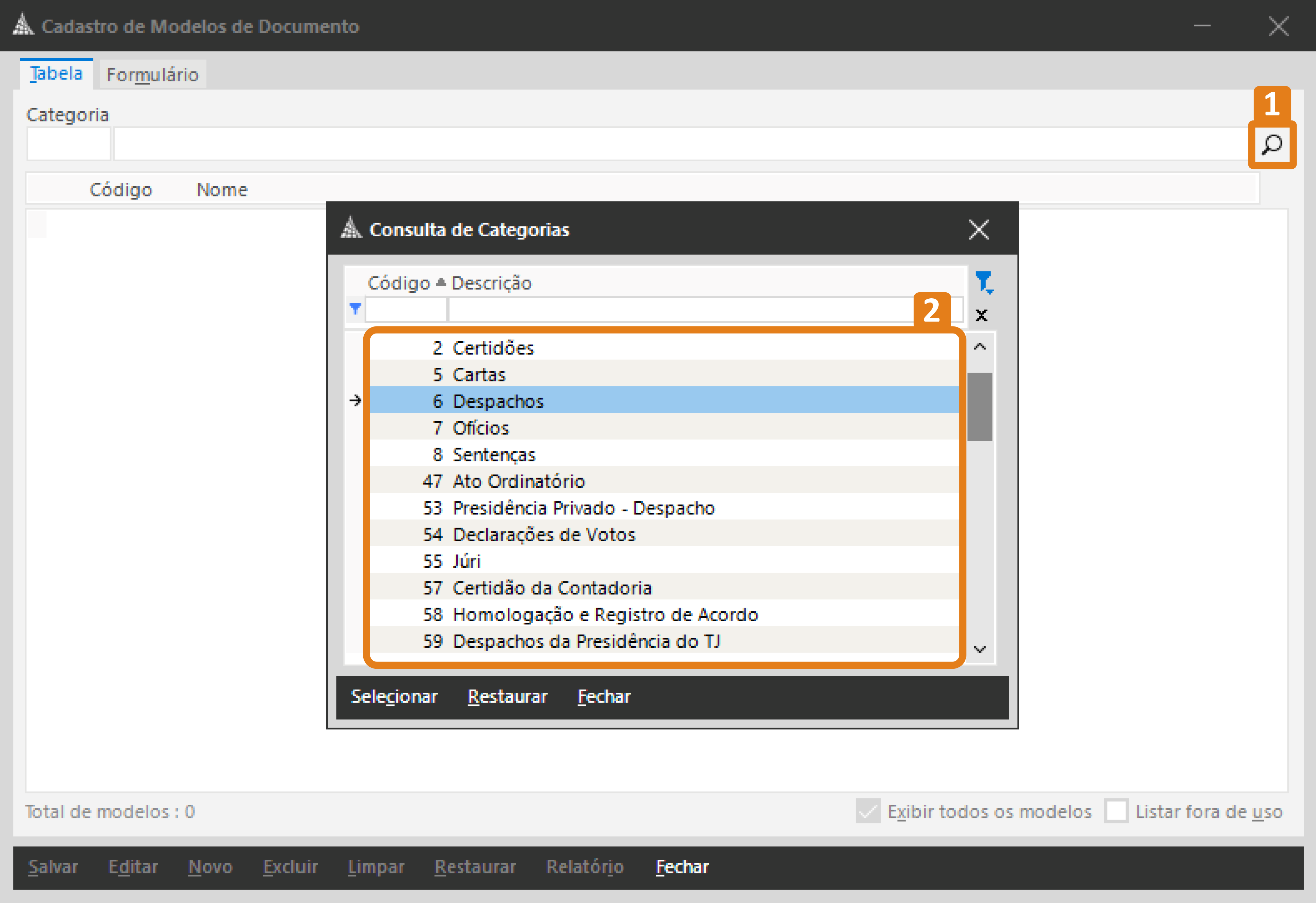 No sistema SAJ – Cadastro de Modelos de Documento, o ícone de busca aparece destacado em laranja (1). Na janela “Consulta de Categorias”, a lista de categorias está destacada em laranja (2), exibindo opções como Certidões, Cartas, Despachos, Ofícios e Sentenças.