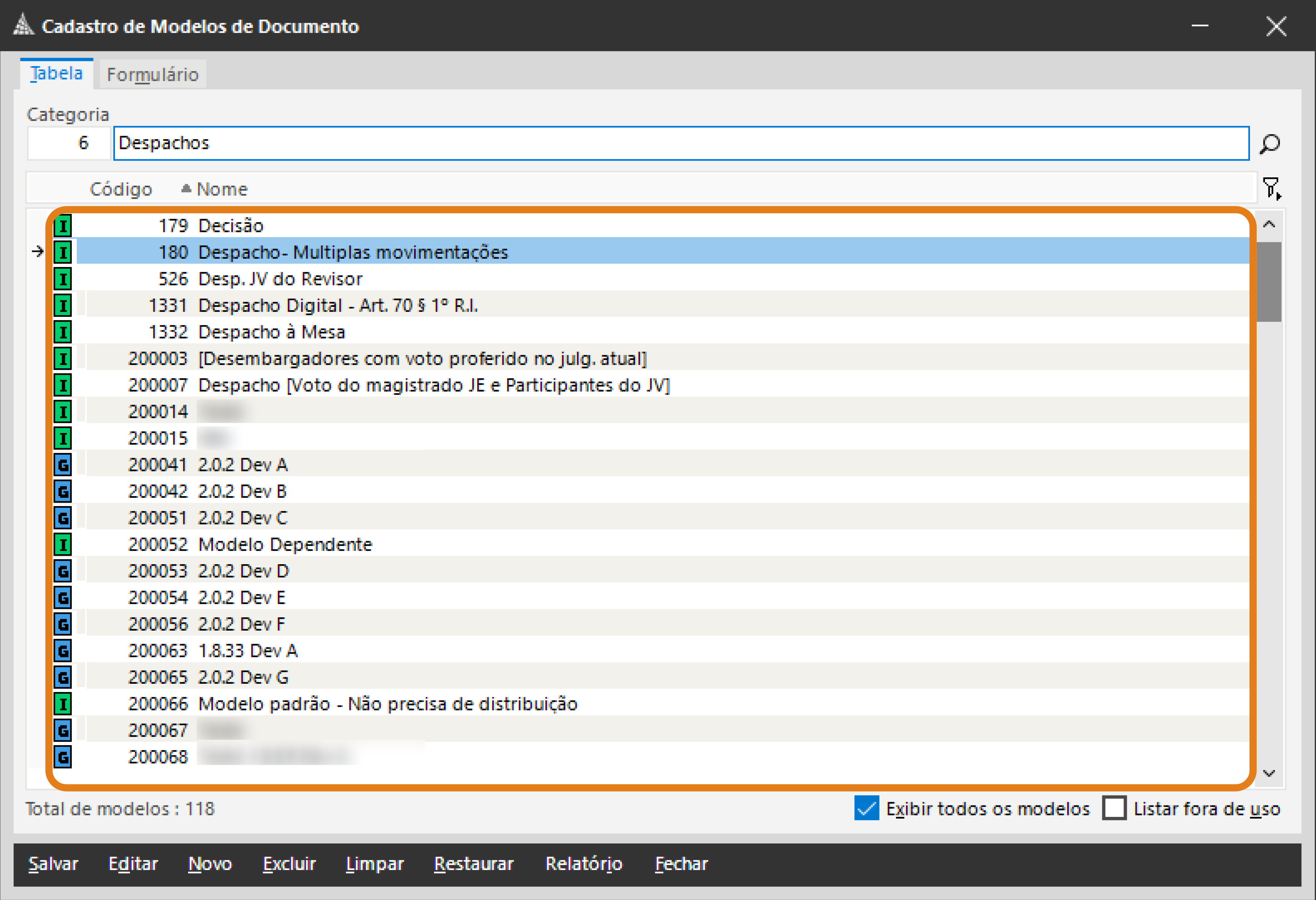 No sistema SAJ – Cadastro de Modelos de Documento, a lista de modelos exibida na tela está destacada em laranja, mostrando diversos itens cadastrados com código e nome.