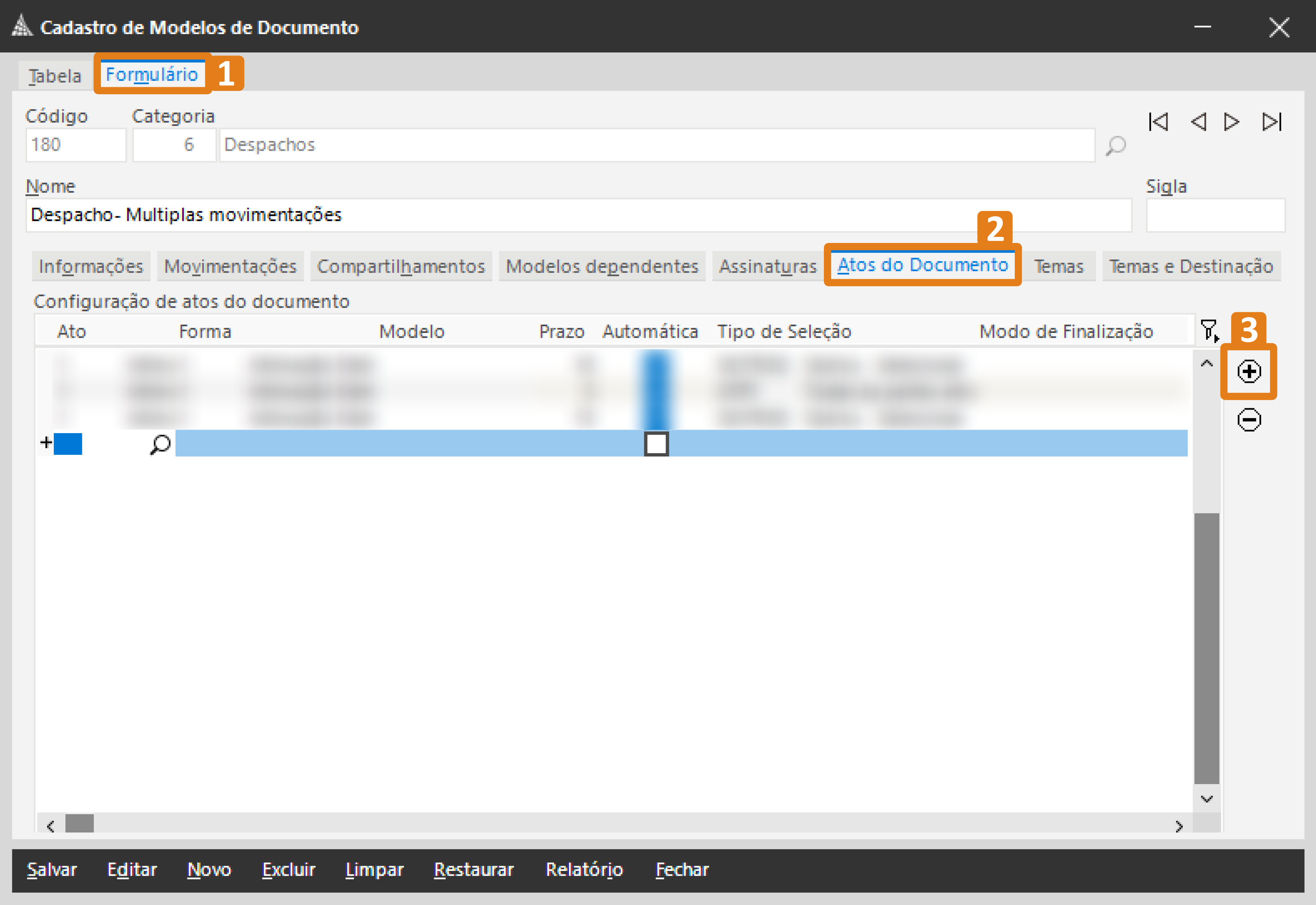 No sistema SAJ – Cadastro de Modelos de Documento, três elementos estão destacados em laranja: (1) a aba “Formulário”, (2) a guia “Atos do Documento” e (3) o botão com ícone de mais para adicionar um novo ato.