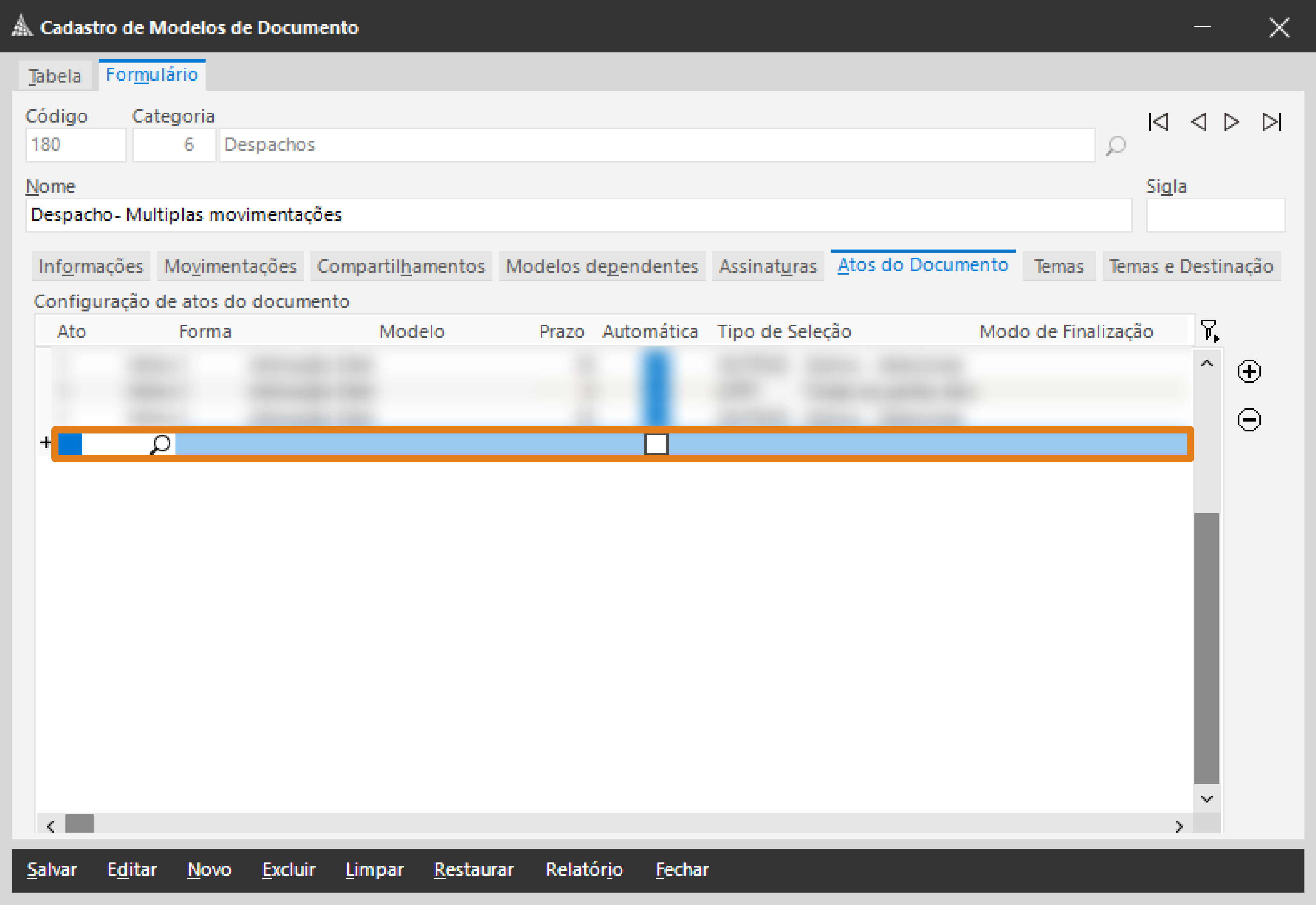 No sistema SAJ – Cadastro de Modelos de Documento, a linha vazia para adicionar um novo ato está destacada em laranja na guia “Atos do Documento”.