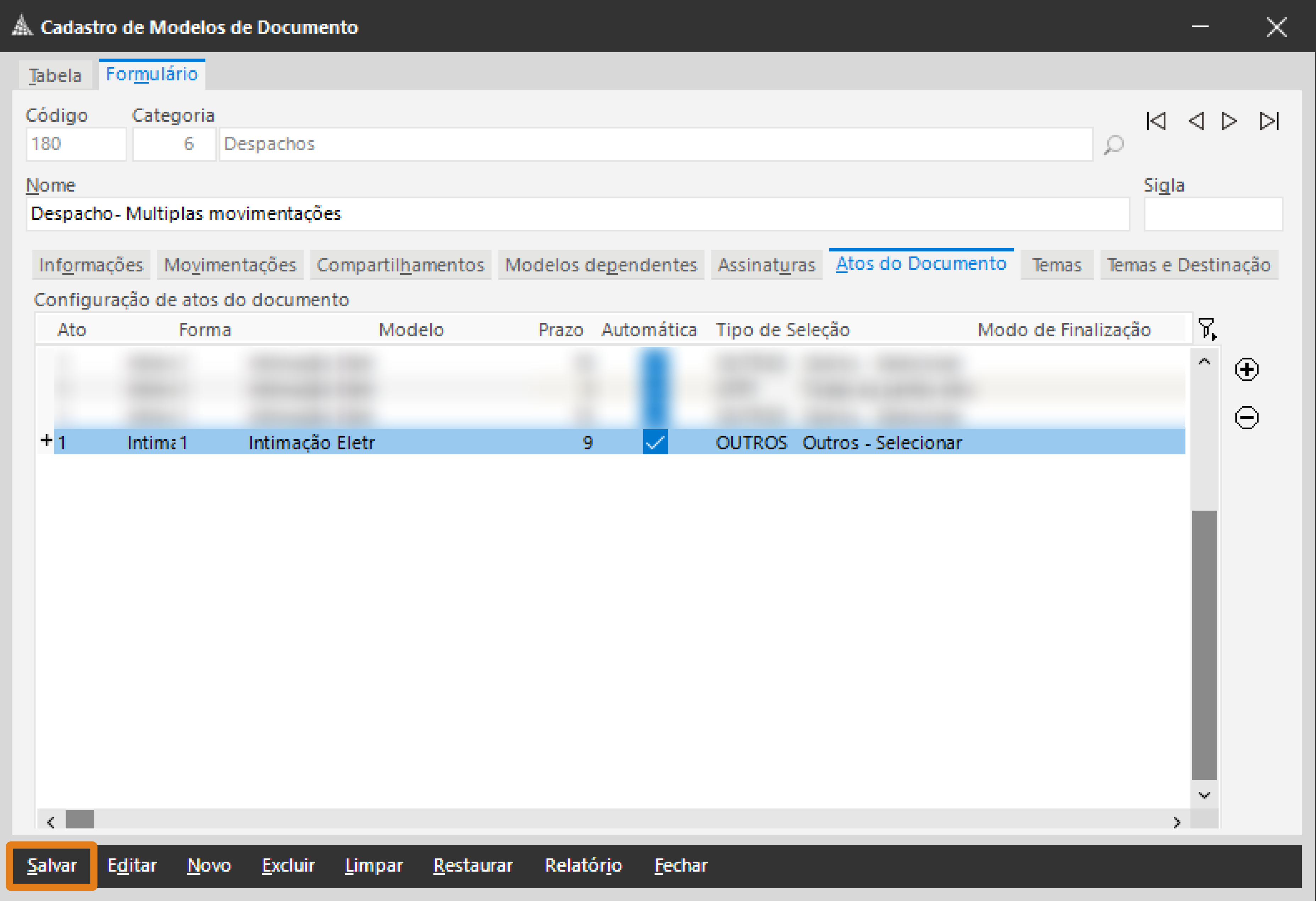 No sistema SAJ – Cadastro de Modelos de Documento, o botão “Salvar” está destacado em laranja na parte inferior da tela.